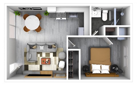 A 3D rendered image of a modern bedroom with a bed, a desk, and a chair.